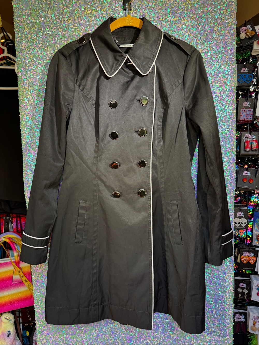 White House Black Market Black Trench Coat with White Piping